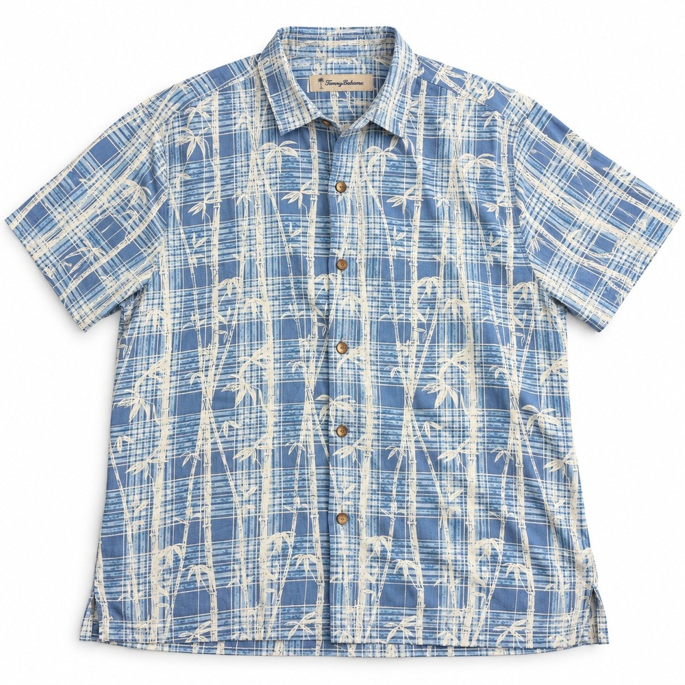 Tommy Bahama Mens Large Blue White Silk Palm Tree Bamboo Camp Shirt Short Sleeve